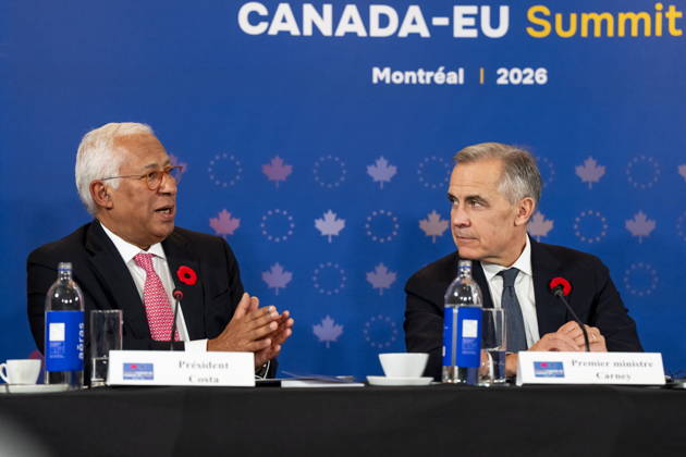 October 29, 2026, Montreal, Pq, CANADA: President of the European Council Antonio Costa, left, gives remarks alongside Prime Minister Mark Carney, at a roundtable with business leaders during the Canada-EU Summit, in Montreal, on Thursday, Oct. 29, 2026. Montreal CANADA  - ZUMAc35_ 20261029_zaf_c35_123 Copyright: xChristopherxKatsarovx