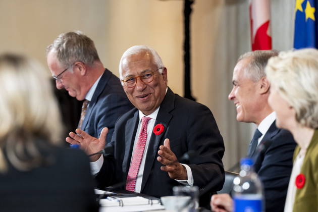 October 29, 2026, Montreal, Pq, CANADA: President of the European Council Antonio Costa, centre, gives remarks alongside Prime Minister Mark Carney, and President of the European Commission Ursula von der Leyen, right, at a roundtable with business leaders during the Canada-EU Summit, in Montreal, on Thursday, Oct. 29, 2026. Montreal CANADA  - ZUMAc35_ 20261029_zaf_c35_124 Copyright: xChristopherxKatsarovx