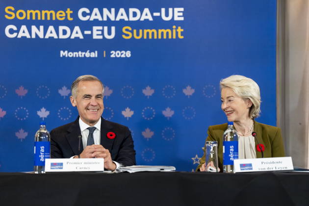 October 29, 2026, Montreal, Pq, CANADA: President of the European Commission Ursula von der Leyen, right, gives remarks alongside Prime Minister Mark Carney at a roundtable with business leaders during the Canada-EU Summit, in Montreal, on Thursday, Oct. 29, 2026. Montreal CANADA  - ZUMAc35_ 20261029_zaf_c35_125 Copyright: xChristopherxKatsarovx