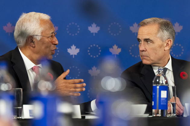 October 29, 2026, Montreal, Pq, CANADA: President of the European Council Antonio Costa, left, gives remarks alongside Prime Minister Mark Carney, at a roundtable with business leaders during the Canada-EU Summit, in Montreal, on Thursday, Oct. 29, 2026. Montreal CANADA  - ZUMAc35_ 20261029_zaf_c35_126 Copyright: xChristopherxKatsarovx