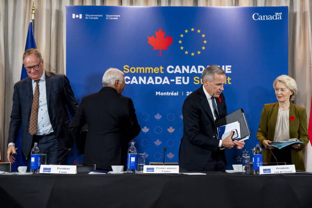 October 29, 2026, Montreal, Pq, CANADA: European Commission s Special Envoy for the EU-Canada, Joost Korte, from left, President of the European Council Antonio Costa, Prime Minister Mark Carney and President of the European Commission Ursula von der Leyen exit after attending a roundtable with business leaders during the Canada-EU Summit, in Montreal, on Thursday, Oct. 29, 2026. Montreal CANADA  - ZUMAc35_ 20261029_zaf_c35_129 Copyright: xChristopherxKatsarovx