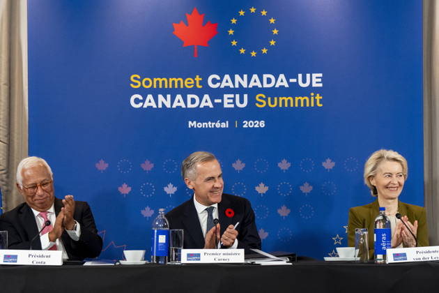 October 29, 2026, Montreal, Pq, CANADA: Prime Minister Mark Carney, centre, gives remarks alongside President of the European Council Antonio Costa, left, and President of the European Commission Ursula von der Leyen, at a roundtable with business leaders during the Canada-EU Summit, in Montreal, on Thursday, Oct. 29, 2026. Montreal CANADA  - ZUMAc35_ 20261029_zaf_c35_127 Copyright: xChristopherxKatsarovx
