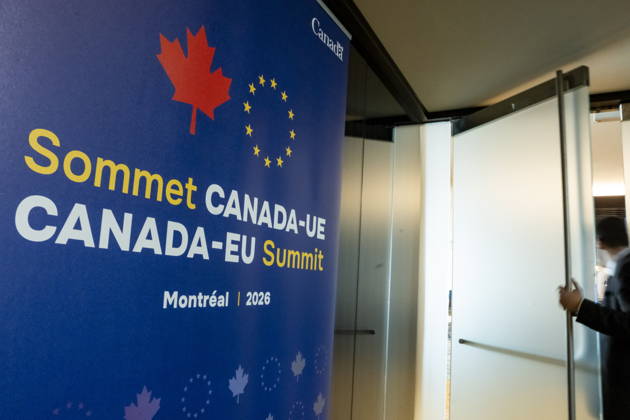October 29, 2026, Montreal, Pq, CANADA: Signage for the EU-Canada summit, in Montreal, is seen on Thursday, Oct. 29, 2026. Montreal CANADA  - ZUMAc35_ 20261029_zaf_c35_149 Copyright: xChristopherxKatsarovx
