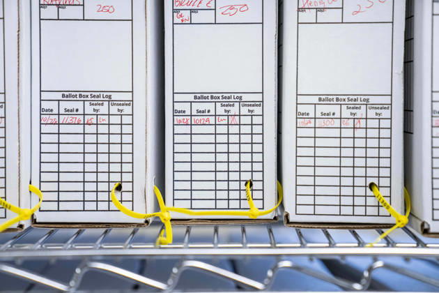 October 29, 2026, Renton, Washington, USA: Sealed boxes of scanned ballots stand on a shelf in a secure room as 2026 mid-term election ballots are opened and counted at the King County Elections office in Renton, Washington, USA, on Thu., Oct. 29, 2026. By state law, votes cannot be tabulated until after 9pm on election day, so the the ballots are only scanned at this point. Approximately 98% of votes cast in Washington state are mail-in ballots. Renton USA - ZUMAb344 20261029_znp_b344_036 Copyright: xM.xScottxBrauerx