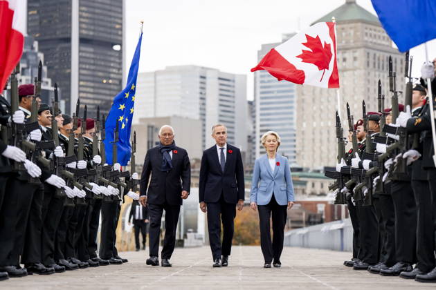 October 30, 2026, Montreal, Pq, CANADA: Prime Minister Mark Carney, centre, arrives at the Canada-EU Summit with President of the European Council, Antonio Costa, left, and President of the European Commission, Ursula von der Leyen, in Montreal on Friday, Oct. 30, 2026. Montreal CANADA  - ZUMAc35_ 20261030_zaf_c35_001 Copyright: xChristopherxKatsarovx
