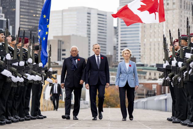 October 30, 2026, Montreal, Pq, CANADA: Prime Minister Mark Carney, centre, arrives at the Canada-EU Summit with President of the European Council, Antonio Costa, left, and President of the European Commission, Ursula von der Leyen, in Montreal on Friday, Oct. 30, 2026. Montreal CANADA  - ZUMAc35_ 20261030_zaf_c35_002 Copyright: xChristopherxKatsarovx