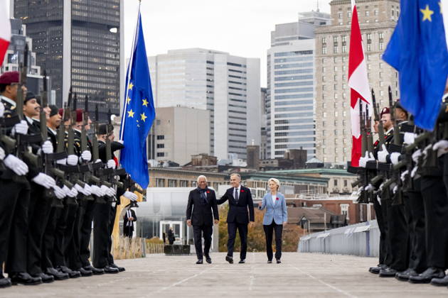 October 30, 2026, Montreal, Pq, CANADA: Prime Minister Mark Carney, centre, arrives at the Canada-EU Summit with President of the European Council, Antonio Costa, left, and President of the European Commission, Ursula von der Leyen, in Montreal on Friday, Oct. 30, 2026. Montreal CANADA  - ZUMAc35_ 20261030_zaf_c35_003 Copyright: xChristopherxKatsarovx