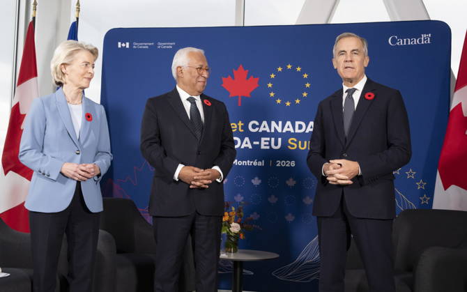 October 30, 2026, Montreal, Pq, CANADA: Prime Minister Mark Carney, right, participates in a trilateral meeting with European Commission President Ursula von der Leyen, left and European Council President Antonio Costa during the EU-Canada summit in Montreal on Friday, Oct. 30, 2026. Montreal CANADA  - ZUMAc35_ 20261030_zaf_c35_010 Copyright: xChristinnexMuschix