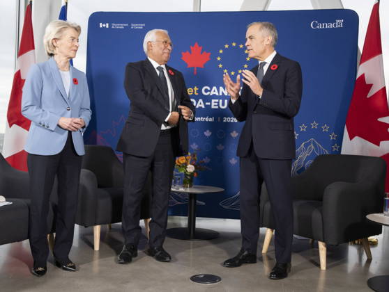 October 30, 2026, Montreal, Pq, CANADA: Prime Minister Mark Carney, right, participates in a trilateral meeting with European Commission President Ursula von der Leyen, left and European Council President Antonio Costa during the EU-Canada summit in Montreal on Friday, Oct. 30, 2026. Montreal CANADA  - ZUMAc35_ 20261030_zaf_c35_011 Copyright: xChristinnexMuschix