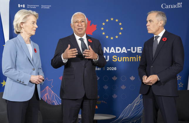 October 30, 2026, Montreal, Pq, CANADA: European Council President Antonio Costa, centre, speaks during his trilateral meeting with Prime Minister Mark Carney, right, and European Commission President Ursula von der Leyen, at the EU-Canada summit in Montreal on Friday, Oct. 30, 2026. Montreal CANADA  - ZUMAc35_ 20261030_zaf_c35_012 Copyright: xChristinnexMuschix