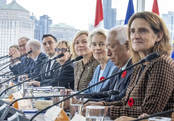 October 30, 2026, Montreal, Pq, CANADA: Executive Vice-President of the European Commission for Clean, Just and Competitive Transition Teresa Ribera, from right to left, European Council President Antonio Costa, European Commission President Ursula von der Leyen and Executive Vice-President of the European Commission for Technological Sovereignty, Security, and Democracy, Henna Virkkunen attend an expanded meeting with Canadian and European Union delegates during the EU-Canada summit in Montreal on Friday, Oct. 30, 2026. Montreal CANADA  - ZUMAc35_ 20261030_zaf_c35_025 Copyright: xChristinnexMuschix