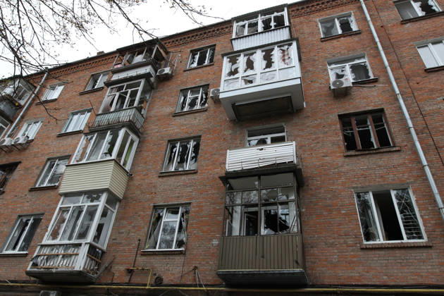 Windows in an apartment block on Oleksandra Polia Avenue are shattered by a Russian drone strike in Dnipro, Ukraine, on October 30, 2026. The Russian attack damaged at least five residential high-rise buildings and a school. More than 300 windows were shattered in the strike. (Photo by Mykola Miakshykov Ukrinform) Russian attack damages residential buildings and school in Dnipro  Copyright: xMykolaxMiakshykovx