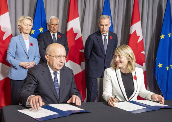 October 30, 2026, Montreal, Pq, CANADA: European Commission President Ursula von der Leyen, rear left to right, European Council President Antonio Costa and Prime Minister Mark Carney look on as European Commissioner responsible for Defence and Space Andrius Kubilius, front left, and Industry Minister Melanie Joly sign IRIS2 Cooperation-Administrative Arrangement during the EU-Canada summit in Montreal on Friday, Oct. 30, 2026. Montreal CANADA  - ZUMAc35_ 20261030_zaf_c35_060 Copyright: xChristinnexMuschix