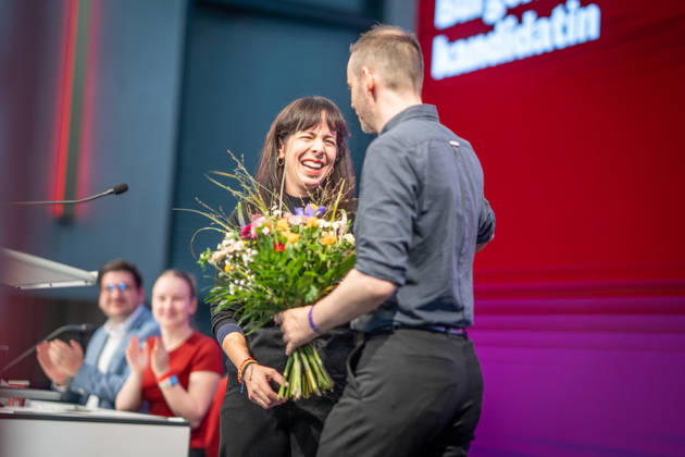 Elif Eralp, of The Left, a potential future governing mayor, delivers a speech at The Left’s special state party convention to decide on whether to begin coalition negotiations in Berlin, Berlin, Germany, Dong Xuan Center