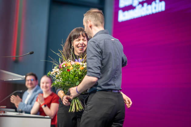 Elif Eralp, of The Left, a potential future governing mayor, delivers a speech at The Left’s special state party convention to decide on whether to begin coalition negotiations in Berlin, Berlin, Germany, Dong Xuan Center