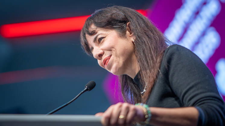 Elif Eralp, of The Left, a potential future governing mayor, delivers a speech at The Left’s special state party convention to decide on whether to begin coalition negotiations in Berlin, Berlin, Germany, Dong Xuan Center