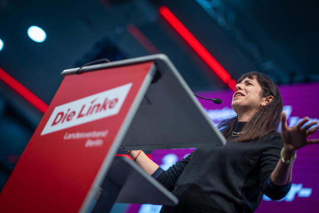 Elif Eralp, of The Left, a potential future governing mayor, delivers a speech at The Left’s special state party convention to decide on whether to begin coalition negotiations in Berlin, Berlin, Germany, Dong Xuan Center