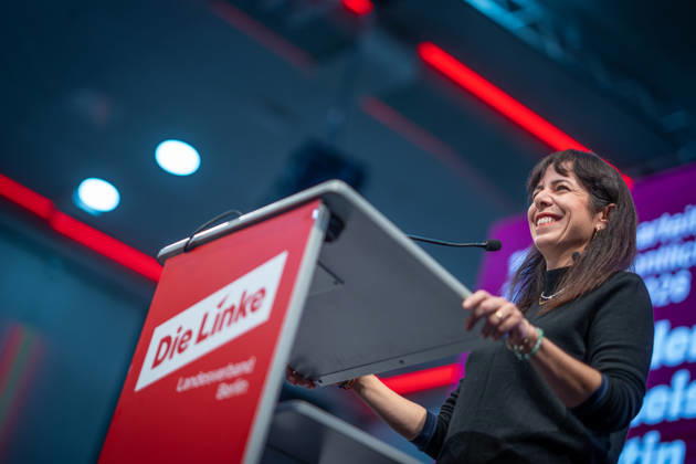 Elif Eralp, of The Left, a potential future governing mayor, delivers a speech at The Left’s special state party convention to decide on whether to begin coalition negotiations in Berlin, Berlin, Germany, Dong Xuan Center
