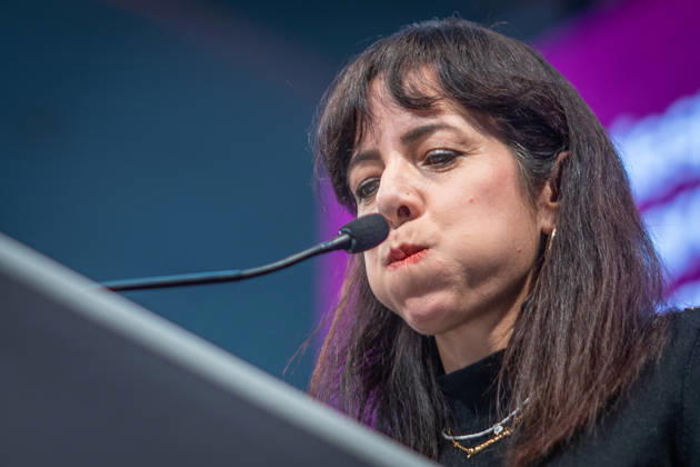 Elif Eralp, of The Left, a potential future governing mayor, delivers a speech at The Left’s special state party convention to decide on whether to begin coalition negotiations in Berlin, Berlin, Germany, Dong Xuan Center