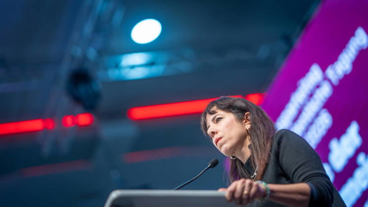 Elif Eralp, of The Left, a potential future governing mayor, delivers a speech at The Left’s special state party convention to decide on whether to begin coalition negotiations in Berlin, Berlin, Germany, Dong Xuan Center