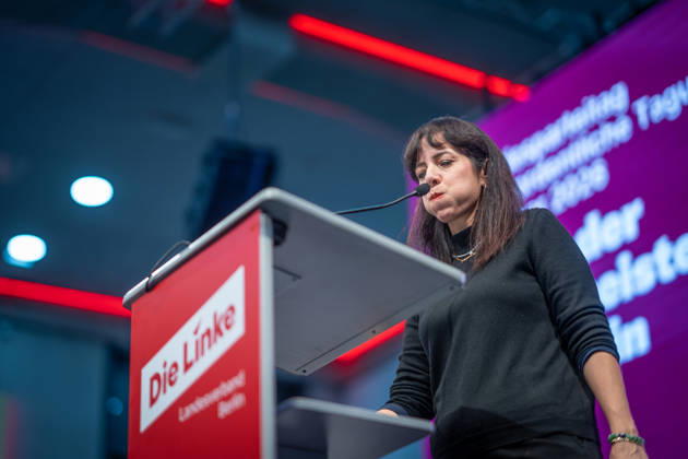 Elif Eralp, of The Left, a potential future governing mayor, delivers a speech at The Left’s special state party convention to decide on whether to begin coalition negotiations in Berlin, Berlin, Germany, Dong Xuan Center