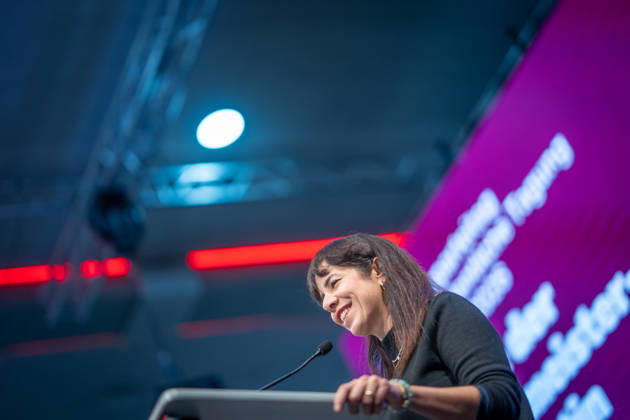 Elif Eralp, of The Left, a potential future governing mayor, delivers a speech at The Left’s special state party convention to decide on whether to enter coalition negotiations in Berlin, Berlin, Germany, Dong Xuan Center