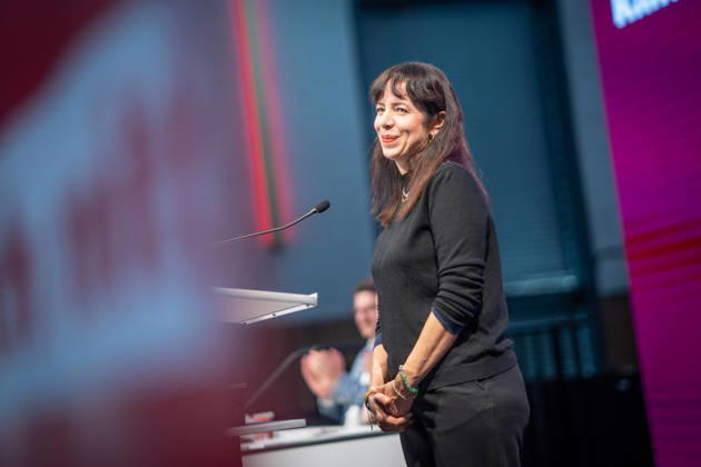 Elif Eralp, of The Left, a potential future governing mayor, delivers a speech at The Left’s special state party convention to decide on whether to enter coalition negotiations in Berlin, Berlin, Germany, Dong Xuan Center