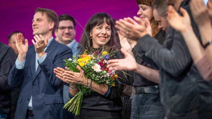 Elif Eralp, of The Left, a potential future governing mayor, delivers a speech at The Left’s special state party convention to decide on whether to enter coalition negotiations in Berlin, Berlin, Germany, Dong Xuan Center