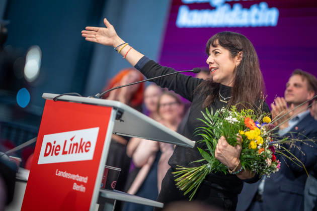 Elif Eralp, of The Left, a potential future governing mayor, delivers a speech at The Left’s special state party convention to decide on entering coalition negotiations in Berlin, Berlin, Germany, Dong Xuan Center