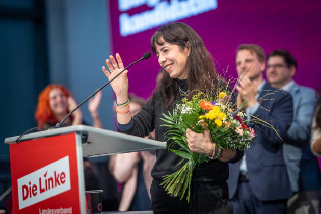 Elif Eralp, of The Left, a potential future governing mayor, delivers a speech at The Left’s special state party convention to decide on whether to begin coalition negotiations in Berlin, Berlin, Germany, Dong Xuan Center