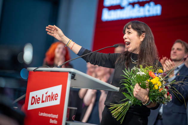 Elif Eralp, of The Left, a potential future governing mayor, delivers a speech at The Left’s special state party convention to decide on whether to begin coalition negotiations in Berlin, Berlin, Germany, Dong Xuan Center