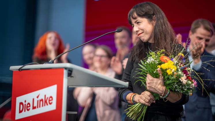 Elif Eralp, of The Left, a potential future governing mayor, delivers a speech at The Left’s special state party convention to decide on whether to begin coalition negotiations in Berlin, Berlin, Germany, Dong Xuan Center