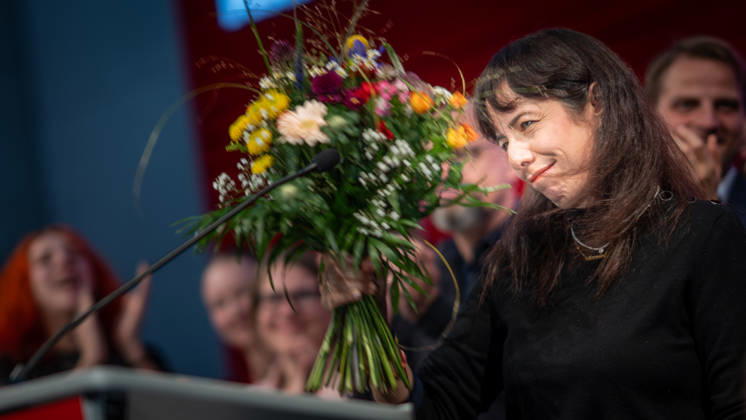 Elif Eralp, of The Left, a potential future governing mayor, delivers a speech at The Left’s special state party convention to decide on whether to begin coalition negotiations in Berlin, Berlin, Germany, Dong Xuan Center