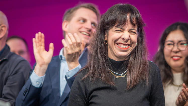 Elif Eralp, of The Left, a potential future governing mayor, delivers a speech at The Left’s special state party convention to decide on whether to begin coalition negotiations in Berlin, Berlin, Germany, Dong Xuan Center