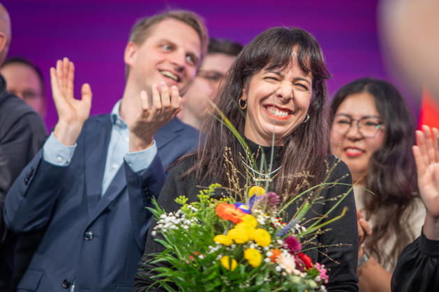 Elif Eralp, of The Left, a potential future governing mayor, delivers a speech at The Left’s special state party convention to decide on whether to enter coalition negotiations in Berlin, Berlin, Germany, Dong Xuan Center