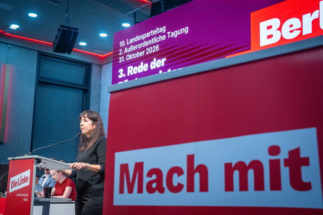 Elif Eralp, of The Left, a potential future governing mayor, delivers a speech at The Left’s special state party convention to decide on entering coalition negotiations in Berlin, Berlin, Germany, Dong Xuan Center