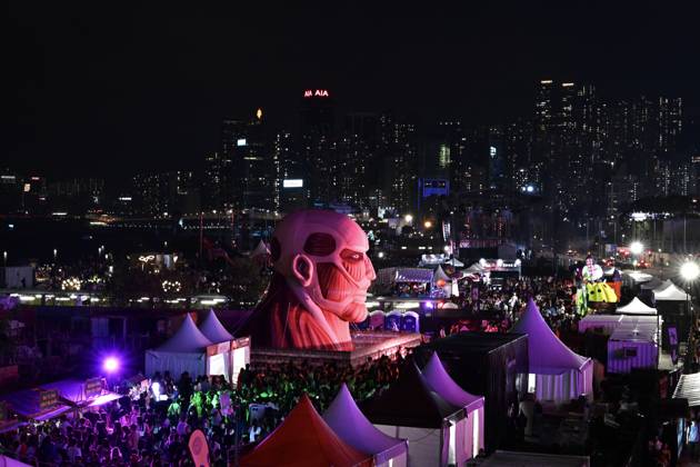 Hong Kong Daily Life A general view showing Attack on Titan decoration during Halloween day at Wan Chai on October 31, 2026 in Hong Kong. (Photo by Kobe Li Nexpher Images) Hong Kong